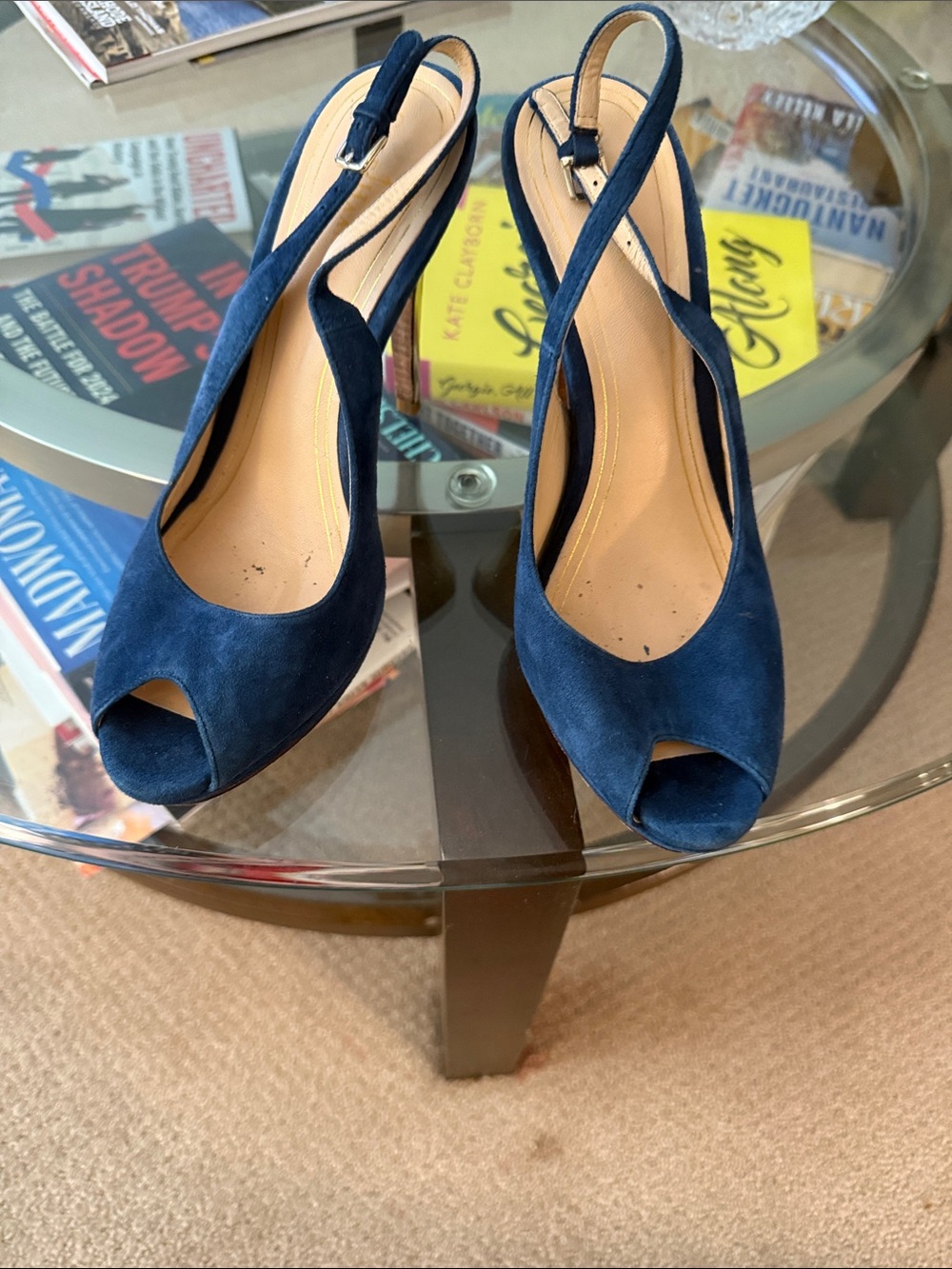 Cole Haan Navy Suede Peep-Toe Slingback Heels